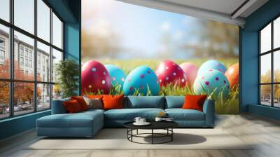 Colorful easter eggs in green spring grass meadow, abstract easter background  Wall mural