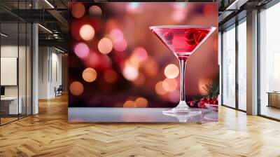 Delicious red cranberry cocktail with ice on table with blurred lights background and copy space Wall mural