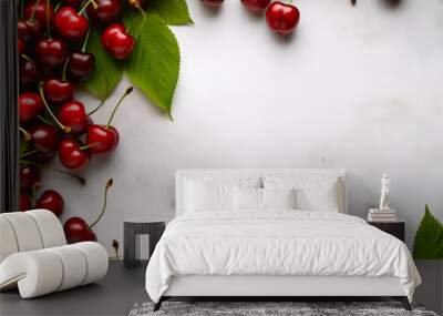 Frame with fresh cherries on marble background with copy space  Wall mural