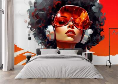 Futuristic colorful illustration portrait of a black woman with curly hair and glasses Wall mural