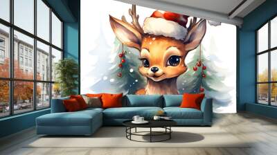 Happy and cute Christmas reindeer with a red hat, background Wall mural