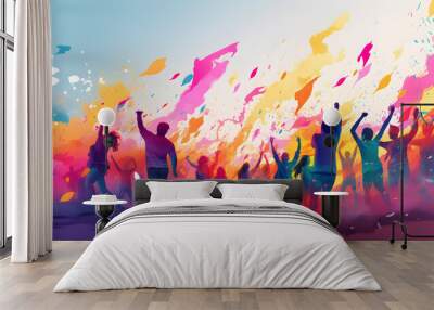 Illustration of a crowd of people at colorful holi festival celebration  Wall mural