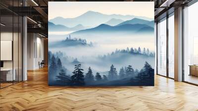 Illustration of misty winter pine trees forest landscape background Wall mural