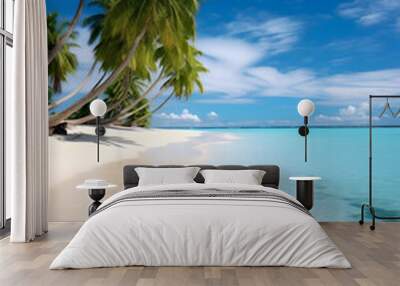 Illustration of ranquil beach scenes with white sand, clear blue water and palm trees Wall mural