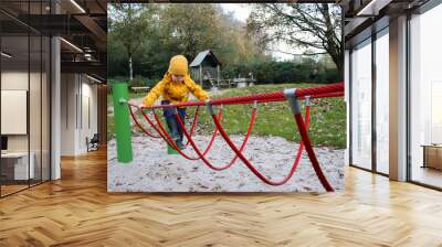 Little caucasian boy climbing and playing on a playground outdoors Wall mural