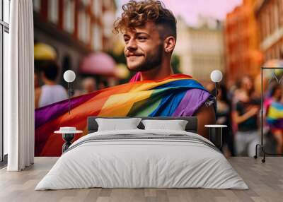 Portrait of a happy young man in the crowd people with colorful lgbt flags, gay pride month concept   Wall mural