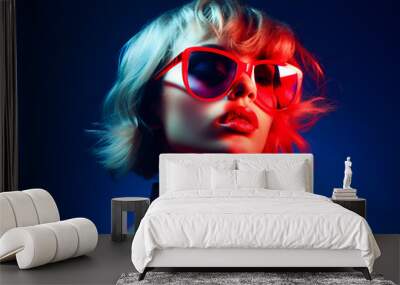 Portrait of modern young woman with sunglasses on bright neon background Wall mural