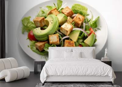 Vegan tofu salad with avocado on white plate isolated on white background. Ai generated Wall mural