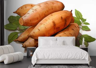 Watercolor illustration of raw sweet potatoes on white background  Wall mural