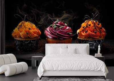 Halloween Dessert cupcakes isolated on a dark background, AI Generation Wall mural