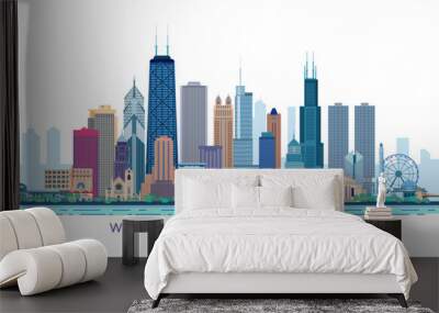 Cities to travel to. Vector illustration of famous architectural landmarks of the city of Chicago. Wall mural