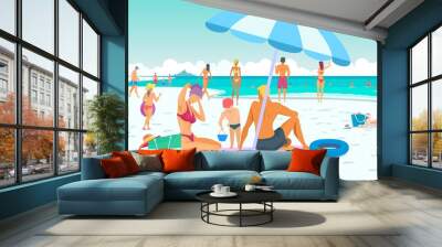 Summer vacation, people on the beach. Vacation, sea, sand, sun and sky. Vector illustration Wall mural