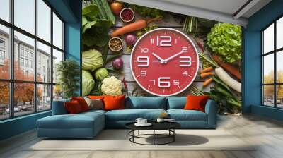 Food clock. Healthy food concept on wooden table Wall mural