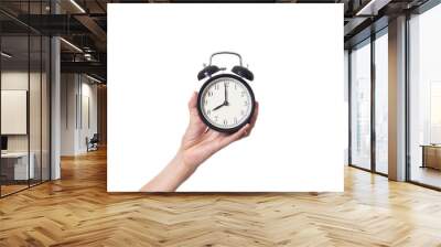 hand holding alarm clock isolated on white background Wall mural