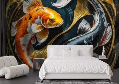 Yin-Yang Koi Harmony: Hypermaximalist 8K Firefly Photographic Art, AI generated. Wall mural