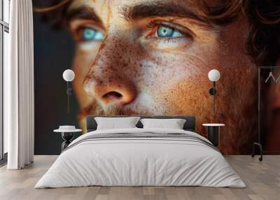 A thoughtful man with freckles and deep contemplative expression. Natural beauty of freckled skin Wall mural