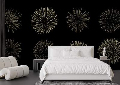 A vector set of eight fireworks, isolated on a black background. Wall mural