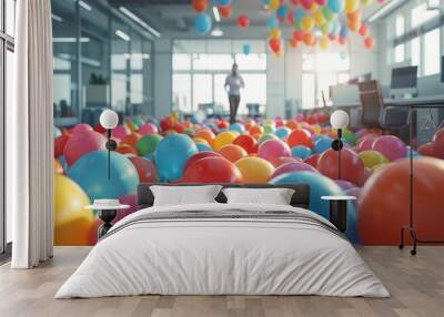 An employee stands at the doorway of office room filled with colorful balloons. April Fool's Day prank or birthday surprise. AI Generated Wall mural