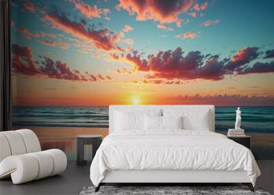 Beautiful sunset on tropical paradise beach. Colorful inspiring tropical summer landscape with seascape horizon and waves. Perfect landscape background for relaxing, vacation, travel, tourism concept Wall mural