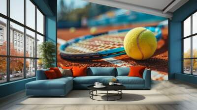 Close-up of a tennis racket and ball on a clay court. Sport equipment. Summer training Wall mural