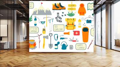 Set of hiking equipment for camping, trekking, base camp. Active vacation and tourism. Flat vector illustration  Wall mural