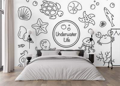 Set of sea underwater creatures outline on white background Hand drawn thin line doodle illustration Wall mural