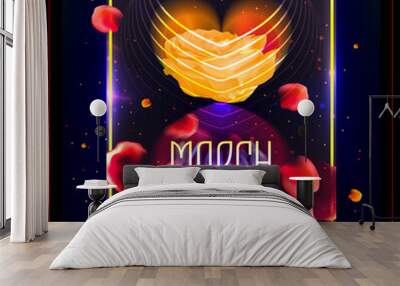 Futuristic abstract congratulation on International Women's Day. Vanguard card with March 8. Heart and petals on a dark cosmic background. Vector illustration. Eps 10 Wall mural