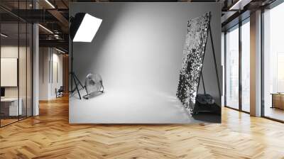 Studio with cyclorama and equipment. Interior of modern photostudio with ventilator professional equipment Wall mural