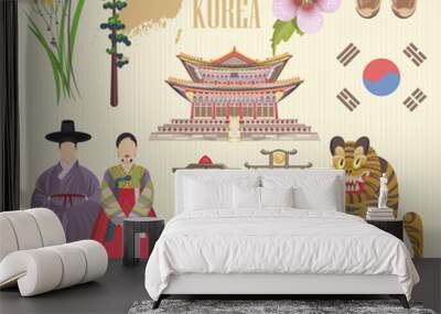 South Korea travel vecto poster with pagodas and traditional signs. Korea Journey card with korean objects. Wall mural