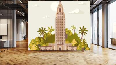 Travel postcard from Louisiana, the pelican state. Vector illustration with the famous and historic art deco state capitol building  in Baton Rouge, la Wall mural