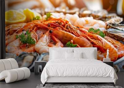 banner seafood shrimp and mussels with lemon on a large plate in a restaurant Wall mural