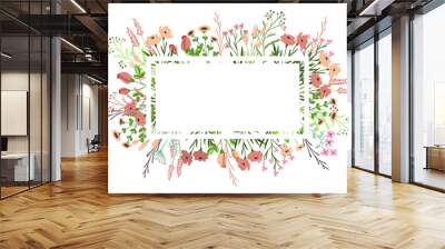 a virgin floral gift card with white rectangular frame in the middle and wild meadow pastel color flowers around - hand drawn vector illustration Wall mural