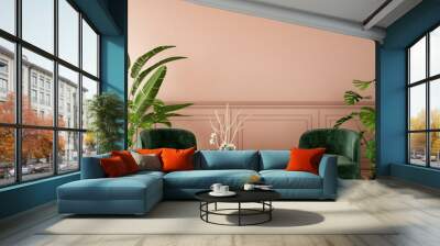  interior design for living area or reception with deep pink wall , armchair,plant,on tile floor and green and pink classic wall background / 3d illustration,3d rendering Wall mural