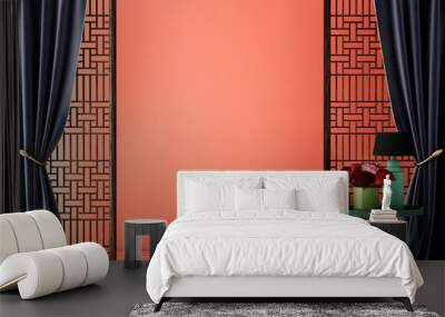 Interior design ,Chinese style for living area in luxury house or hotel with ancient Chinese style furniture and perforated wood door ,3d illustration,3d rendering,3d model Wall mural