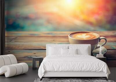 A cup of coffee sits on a table with the sunrise in the background. Wall mural