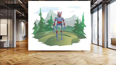 A humanoid robot stands against the background of a mountain landscape. Android in the wild nature, a post-apocalyptic plot. Vector illustration, isolated on white. Wall mural