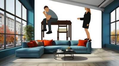 A male character is sitting on a table and a female character is standing nearby on a white background Wall mural