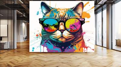 Abstract colored cat muzzle in eyeglasses, colorful paint splash on white background. T-shirt painted print, ink splashing. Modern abstract art painting. Vibrant wallpaper. Image is AI generated. Wall mural