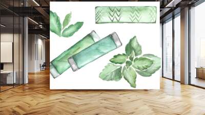 Antibacterial chewing gum. Peppermint-flavoured chewing gum in plates and mint plant branches with leaves on a white background. Hand drawn watercolor illustration Wall mural