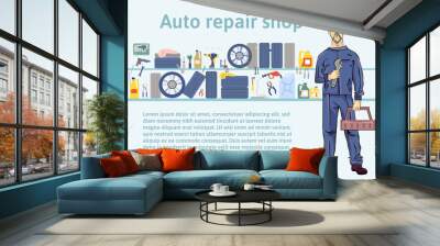 Auto repair shop. Mechanic man holding a wrench. Vector illustration with copy space, template for advertising flyer brochure or web site. Wall mural