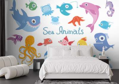 Cartoon sea animals set. Whale, shark, dolphin, octopus, turtle and other marine fish and animals. Vector illustration, isolated on white background. Wall mural