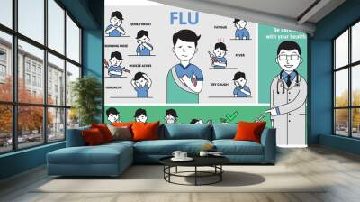 Cold and flu symptoms and prevention. Signs, symptoms, and treatment. Information poster with text and character. Colorful flat vector illustration, horizontal. Wall mural