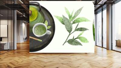 Collection of matcha green tea : matcha, bamboo matcha whisk, a cup of matcha and teapot. Ingredient for chinese and japanese tea ceremony. hand drawn illustration. Wall mural