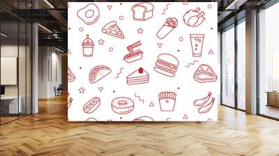 Fast food seamless pattern with vector line icons of hamburger, pizza, hot dog, beverage, cheeseburger. Restaurant menu background, tasty unhealthy lunch Wall mural