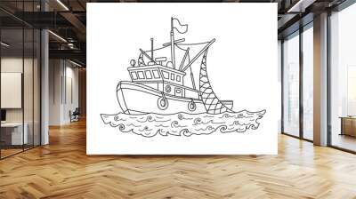 Fishing boat in the sea. Contour vector illustration for coloring book, isolated on white background. Wall mural