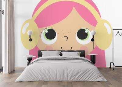 Cute girl with pink hair in headphones. Vector illustration in cartoon style. For kids stuff, card, posters, banners, avatars, icons and print for clothes. Wall mural