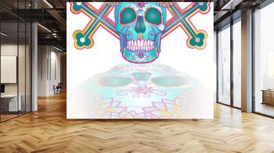 color illustration of a human skull with a cross, a symbol of the traditional Mexican holiday Day of the dead Wall mural