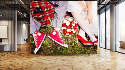 groom dresses red wedding shoes bride Wall mural