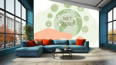 Net zero icon and carbon neutral concept in the hand for net zero greenhouse gas emissions target Climate neutral long term strategy on a green background Wall mural