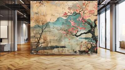 Antique Japanese poster landscape with sakura Illustration Wall mural